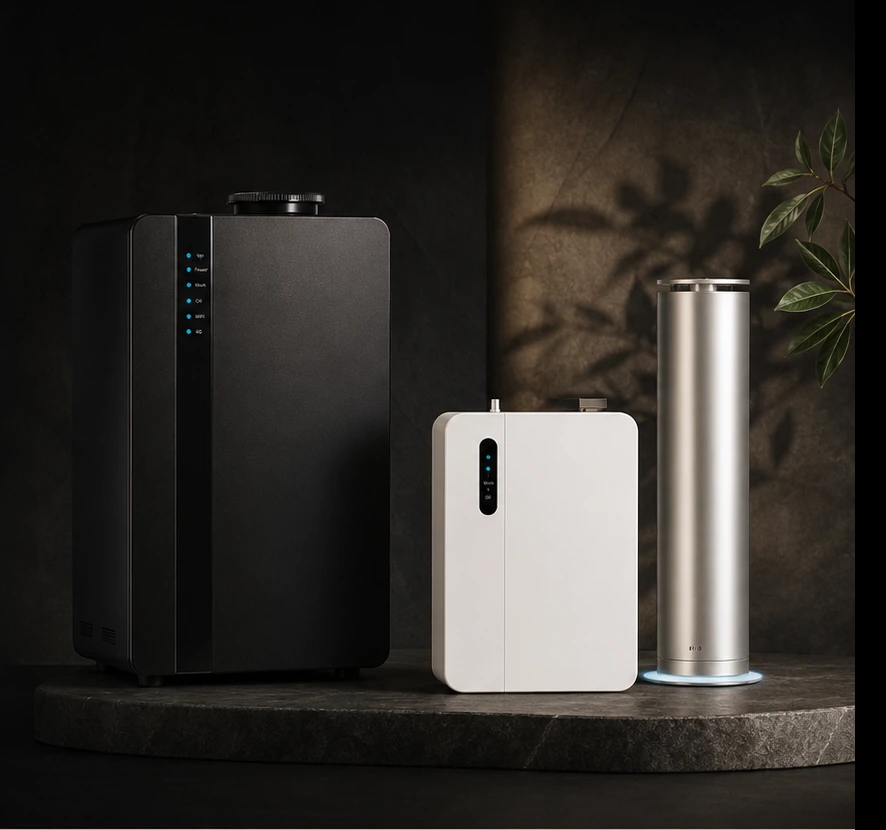 Three LUMEN NARRATE scent machines in a dark refined interior