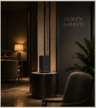 LUMEN NARRATE scent machine in a warm luxury hotel interior
